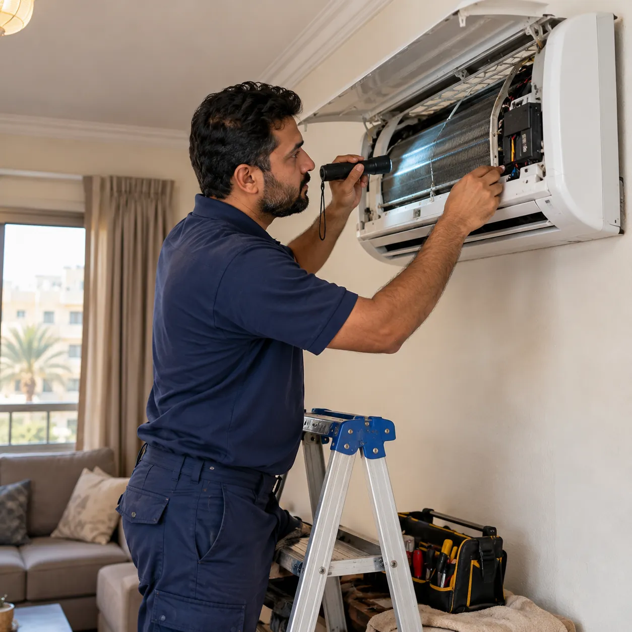 Technician inspecting a wall-mounted AC with a torch