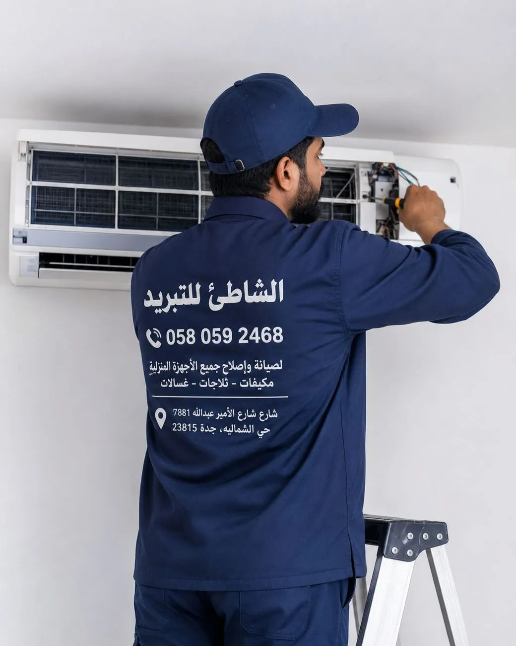 Al-Shati Cooling technician in uniform repairing a split AC