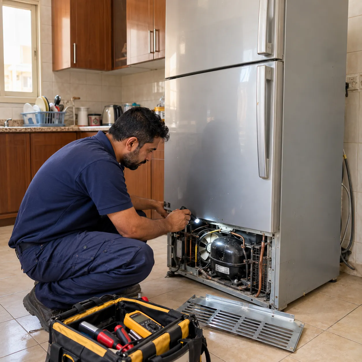 Al-Shati technician checking a fridge compressor in the kitchen