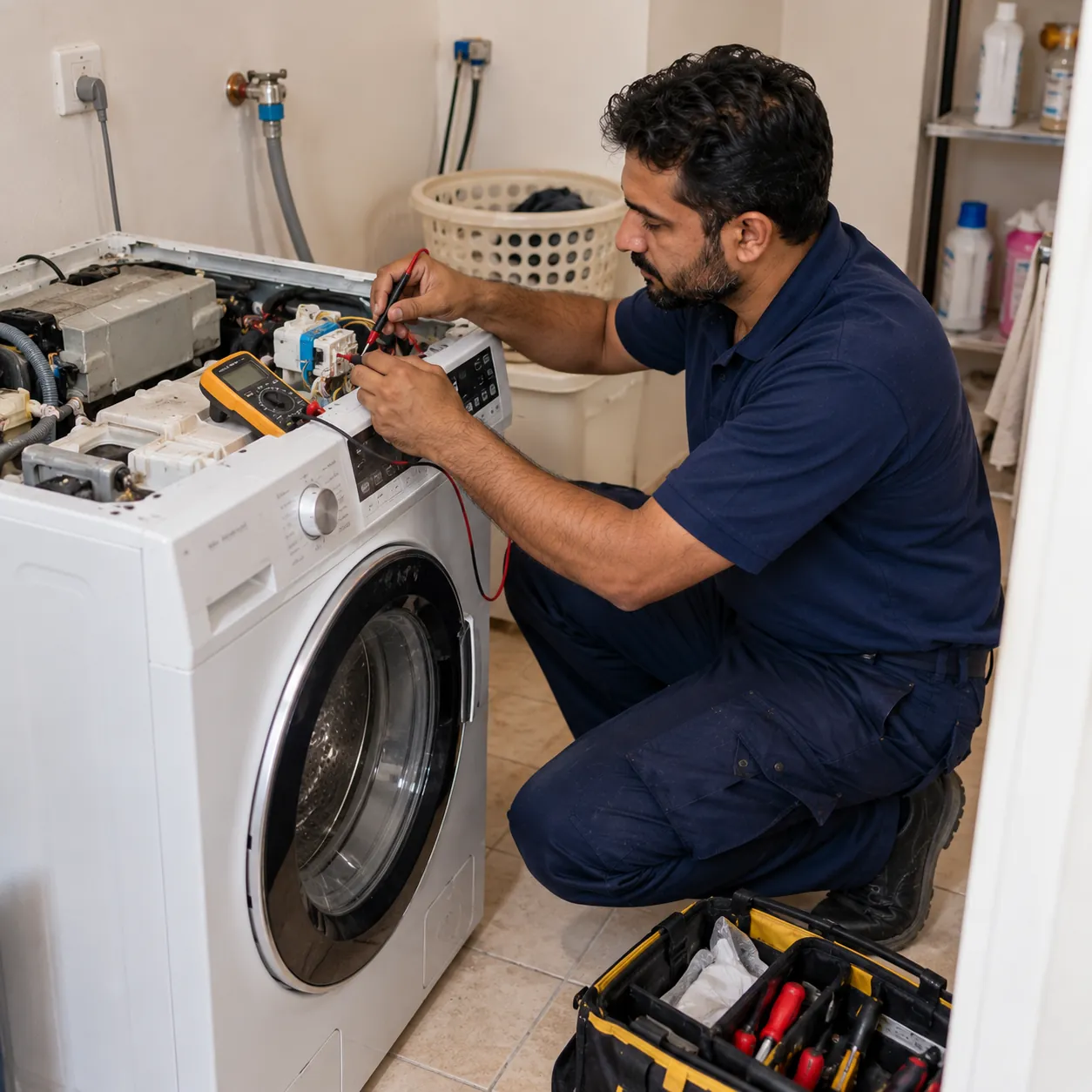 Al-Shati technician repairing an automatic washing machine in a Jeddah home
